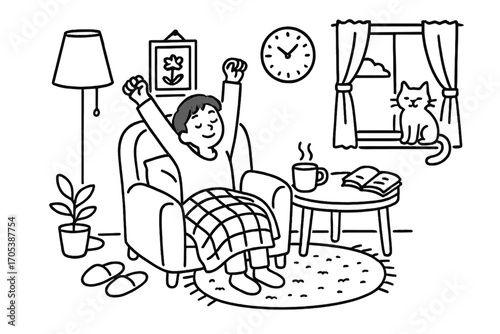 Cozy Corner Stretch. Hand-drawn doodle illustration Relaxed stretch after nap in cozy corner person stretching arms, soft armchair