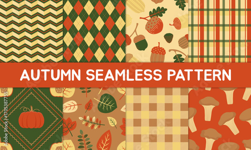 Autumn seamless pattern set in earthy brown, orange, yellow, and green tones with zigzag, gingham, tartan, argyle, leaves, pumpkin, acorn, and mushroom. Great for textile, wallpaper, and crafts.