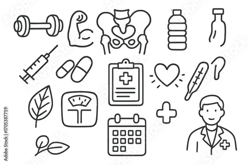 Hip Health Icons. Hand-drawn doodle illustration hip muscle health dumbbell, muscle, hip bone, pelvis, water bottle, syringe, pill