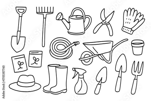 Gardening Tool Doodles. Hand-drawn doodle illustration gardening tools shovel, rake, watering can, pruning shears, gloves, hose,