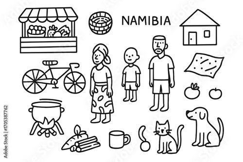 Namibian Market Doodle. Hand-drawn doodle illustration Namibian everyday life market stall, basket, bicycle, house, woman, child,
