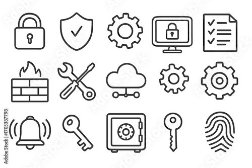 Security Icons Doodle. Hand-drawn doodle illustration security config padlock, shield, gear, computer screen, checklist, firewall,