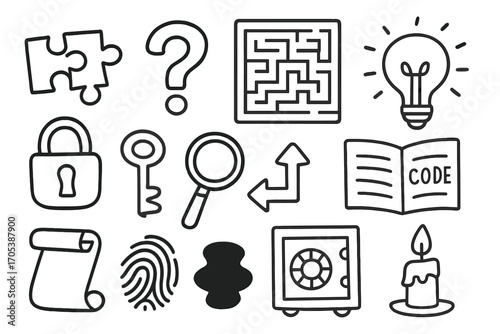Enigma Puzzle Elements. Hand-drawn doodle illustration enigma puzzle puzzle pieces, question mark, maze, light bulb, lock, key,