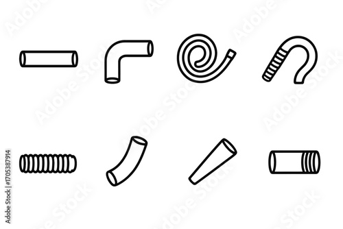 Tube Icons Collection. Outline icon set of tube shapes and forms: straight tube, bent tube, coiled tube, flexible hose, corrugated