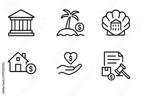 Dark Money Icons. Outline icon set of dark money channels: bank building, offshore island, money laundering, shell corporation,