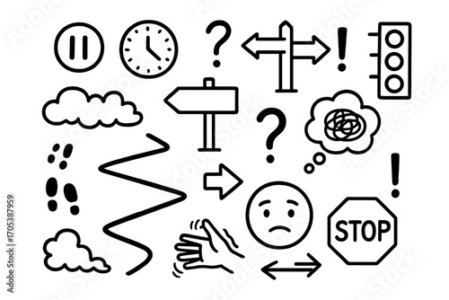 Navigating Uncertainty Icons. Hand-drawn doodle illustration uncertainty path zigzag road, question mark, unsure footsteps,
