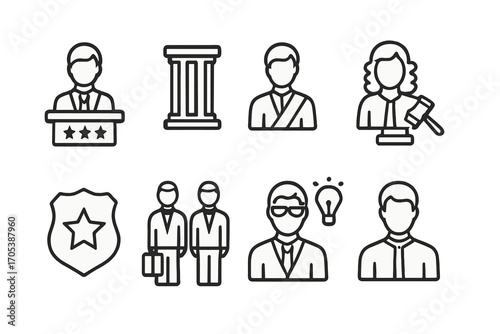 Government Role Icons. Outline icon set of government roles: president, senator, mayor, judge, police badge, diplomat, advisor,