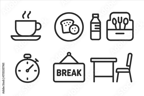 Conference Break Icons. Outline icon set of conference food and breaks: coffee cup, snack plate, water bottle, lunch box, timer,