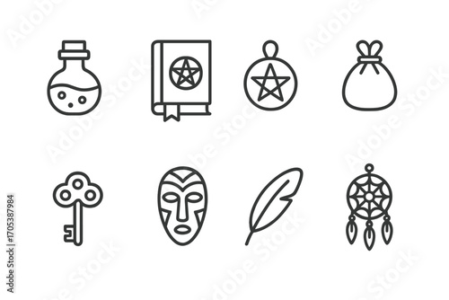 Rural Myth Icon Set. Outline icon set of rural myth folklore items: potion bottle, spell book, amulet, charm, ancient key, ritual