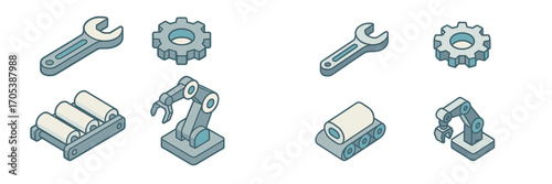 Isometric industrial icons: tools, machinery, and automation elements