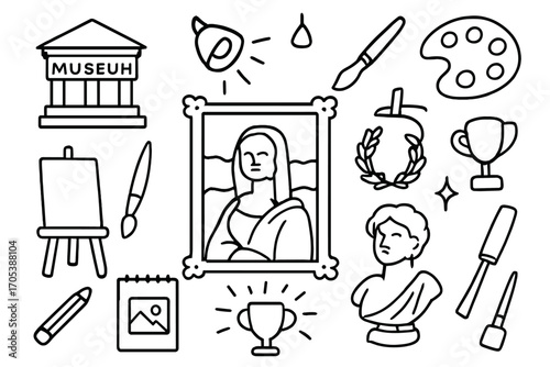 Art Masterpiece Icons. Hand-drawn doodle illustration famous masterpiece museum, frame, spotlight, paintbrush, palette, easel,