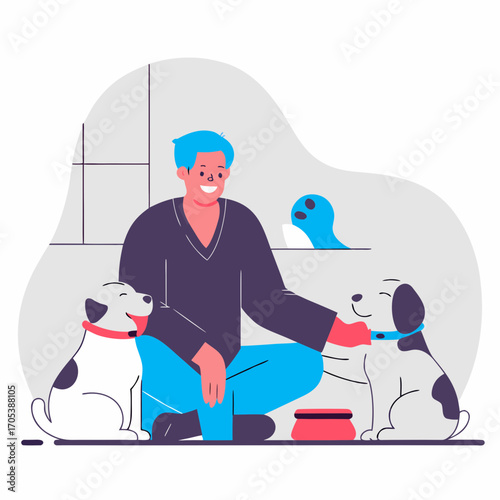 A cheerful man petting his adorable dogs while enjoying a light-hearted moment. Two dogs with collars sit patiently as their owner strokes their heads, forming a bond of friendship and warmth
