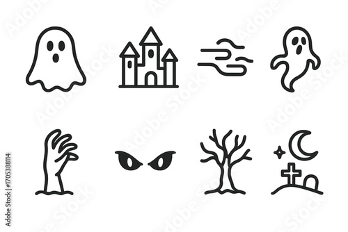 Ghostly Icon Set. Outline icon set of ghostly shape: transparent ghost, haunted house, eerie mist, floating spirit, spectral hand,