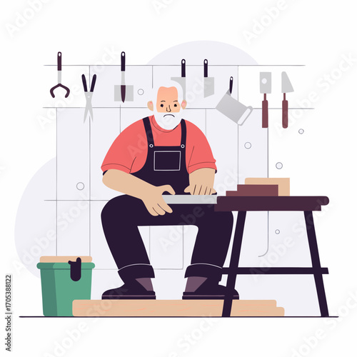 An old craftsman working on his project with a set of tools around him. The man is focused and seems committed to his craft