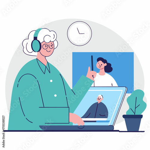 Elderly woman participating in a video conference or online course, wearing headphones, and using a laptop. The scene includes a clock, a potted plant, and a digital display of two other people