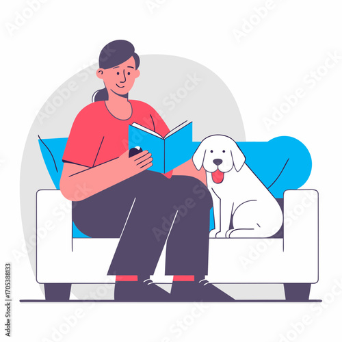 A woman reading a book with a puppy on the couch. This heartwarming illustration shows a woman enjoying a book, with a playful puppy beside her on a cozy couch.