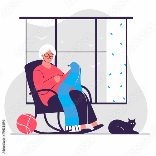 An elderly woman peacefully knitting while seated in a rocking chair by a window, a charming black cat sitting beside her
