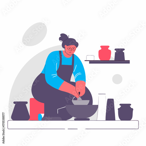 A potter, engrossed in the act of pottery making, expertly crafts a vessel in a workshop, surrounded by pottery