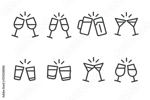 Glassware Icon Set. Outline icon set of clinking glasses: wine glass, champagne flute, beer mug, cocktail glass, shot glass,