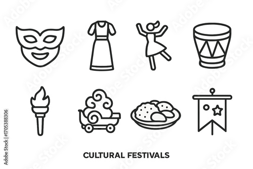 Cultural Festival Icons. Outline icon set of cultural festivals: mask, traditional dress, dance, drum, torch, parade float, food