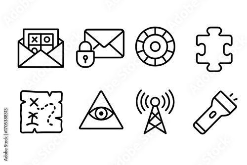 Hidden Message Icons. Outline icon set of hidden messages: coded letter, encrypted email, cipher wheel, puzzle piece, secret map,