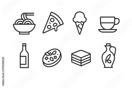 Italian Cuisine & Heritage Icons. Outline icon set of Italian cuisine: pasta bowl, pizza slice, gelato cone, espresso cup, wine