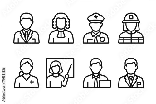 Government Employee Icons. Outline icon set of government employees: official, judge, police officer, firefighter, healthcare