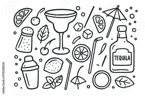 Margarita Icons Doodle. Hand-drawn doodle illustration margarita glass rim margarita glass, salt shaker, lime wedge, cocktail