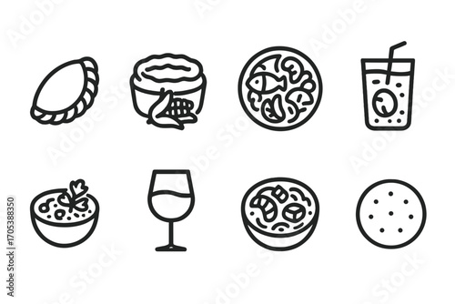 Chilean Cuisine Icons. Outline icon set of Chilean cuisine: empanada, pastel de choclo, seafood platter, mote con huesillo, pebre