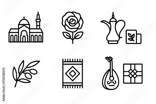Syrian Culture Icons. Outline icon set of Syrian culture: Umayyad Mosque, Damascene rose, Traditional coffee pot, Aleppo soap,