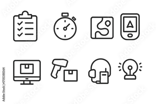 Dispatch Tool Icons. Outline icon set of dispatch tools: clipboard checklist, timer, route plan, GPS device, computer terminal,