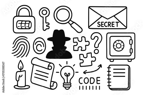 Mystery Elements Doodle. Hand-drawn doodle illustration enigma secret lock, key, magnifying glass, secret letter, fingerprint,