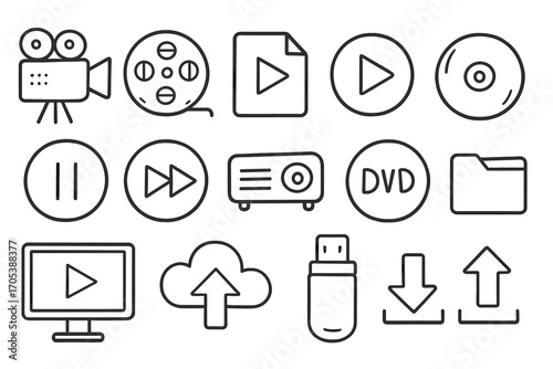 Video Media Doodle Icons. Hand-drawn doodle illustration video format video camera, film reel, video file icon, play button, pause