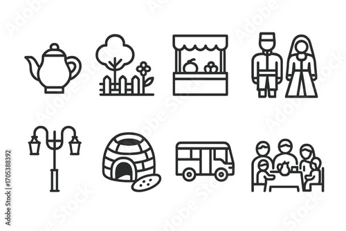 Azerbaijani Life Icons. Outline icon set of Azerbaijani daily life: tea pot, garden, market stall, traditional clothes, street