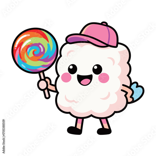 Cute cotton candy character holding a colorful lollipop. Funny happy smiling sweet mascot with a pink cap.