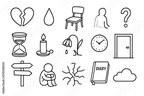 Navigating Grief Symbols. Hand-drawn doodle illustration navigating grief and uncertainty broken heart, teardrop, empty chair,