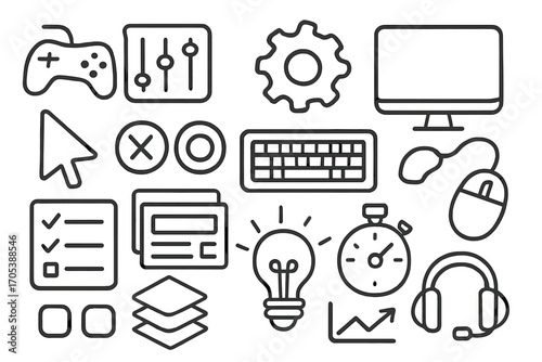 Gaming Equipment Icons. Hand-drawn doodle illustration game preset joystick, sliders, gear, computer screen, cursor, buttons,