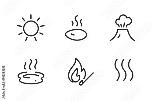 Thermal Energy Icons. Outline icon set of thermal energy: radiant sun, glowing ember, volcanic heat, fire blast, hot springs,