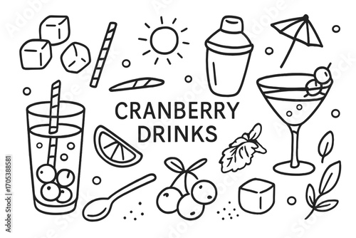 Cranberry Cocktail Doodle. Hand-drawn doodle illustration Cranberry drinks and cocktails cranberry juice glass, cocktail shaker,