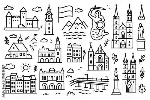 Polish Landmarks Doodle. Hand-drawn doodle illustration Polish landmarks Wawel castle, Krakow town hall, Warsaw mermaid, St.