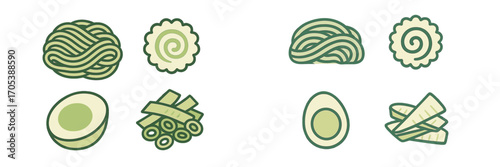 Japanese Ramen Noodle Soup Ingredients and Toppings Icons Set