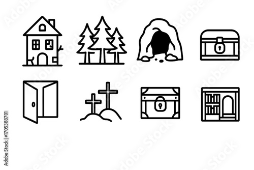 Mystery Places Icons. Outline icon set of mystery places: abandoned house, dark forest, cave, hidden room, graveyard, locked box,