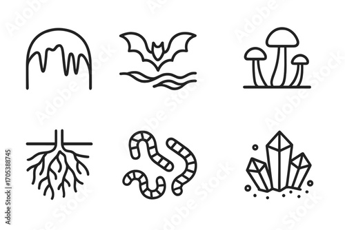 Underground Wildlife Icons. Outline icon set of underground wildlife and nature: cave stalactites, bats, underground river,