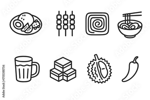 Malaysian Food Icons. Outline icon set of Malaysian food: nasi lemak, satay skewers, roti canai, laksa bowl, teh tarik glass, kuih