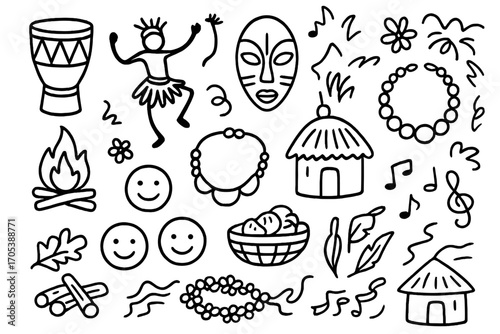 African Celebrations and Transport. Hand-drawn doodle illustration Botswanan festivals and celebration drum, dancer, mask, fire,