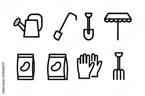 Bean Cultivation Tools Icons. Outline icon set of bean cultivation tools: watering can, hoe, shovel, seed packet, fertilizer bag,
