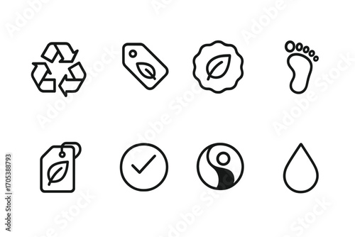 Eco Label Icons. Outline icon set of eco and sustainability labels: recycle symbol, biodegradable tag, eco-friendly badge, carbon