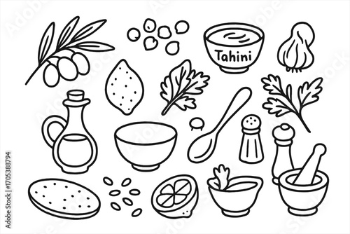 Mediterranean Ingredients Doodle. Hand-drawn doodle illustration Mediterranean ingredients olive branch, chickpeas, tahini, lemon,