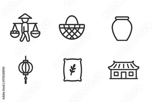 Vietnam Daily Life Icons. Outline icon set of Vietnamese daily life: street vendor, market basket, bamboo basket, water jar,