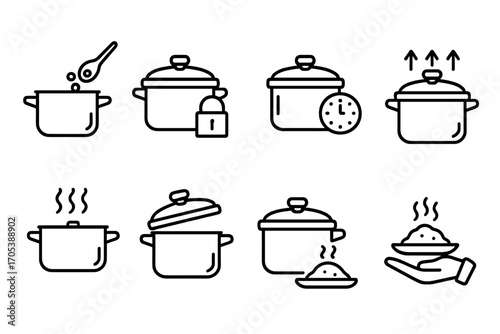 Pressure Cooker Icons. Outline icon set of pressure cooker usage steps: add ingredients, close lid, set timer, build pressure,